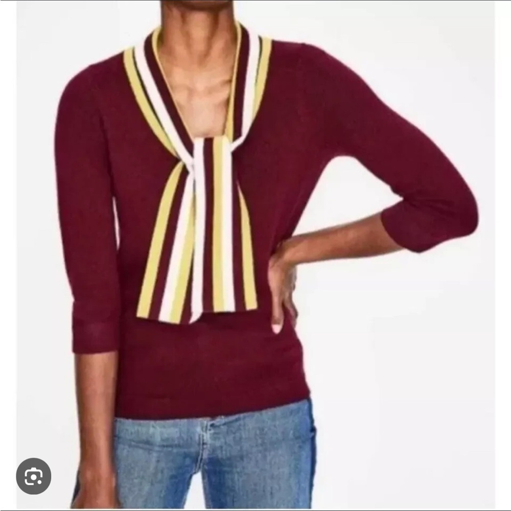 Boden Women’s Burgundy 3/4 Sleeve Sweater with Striped Scarf Collar